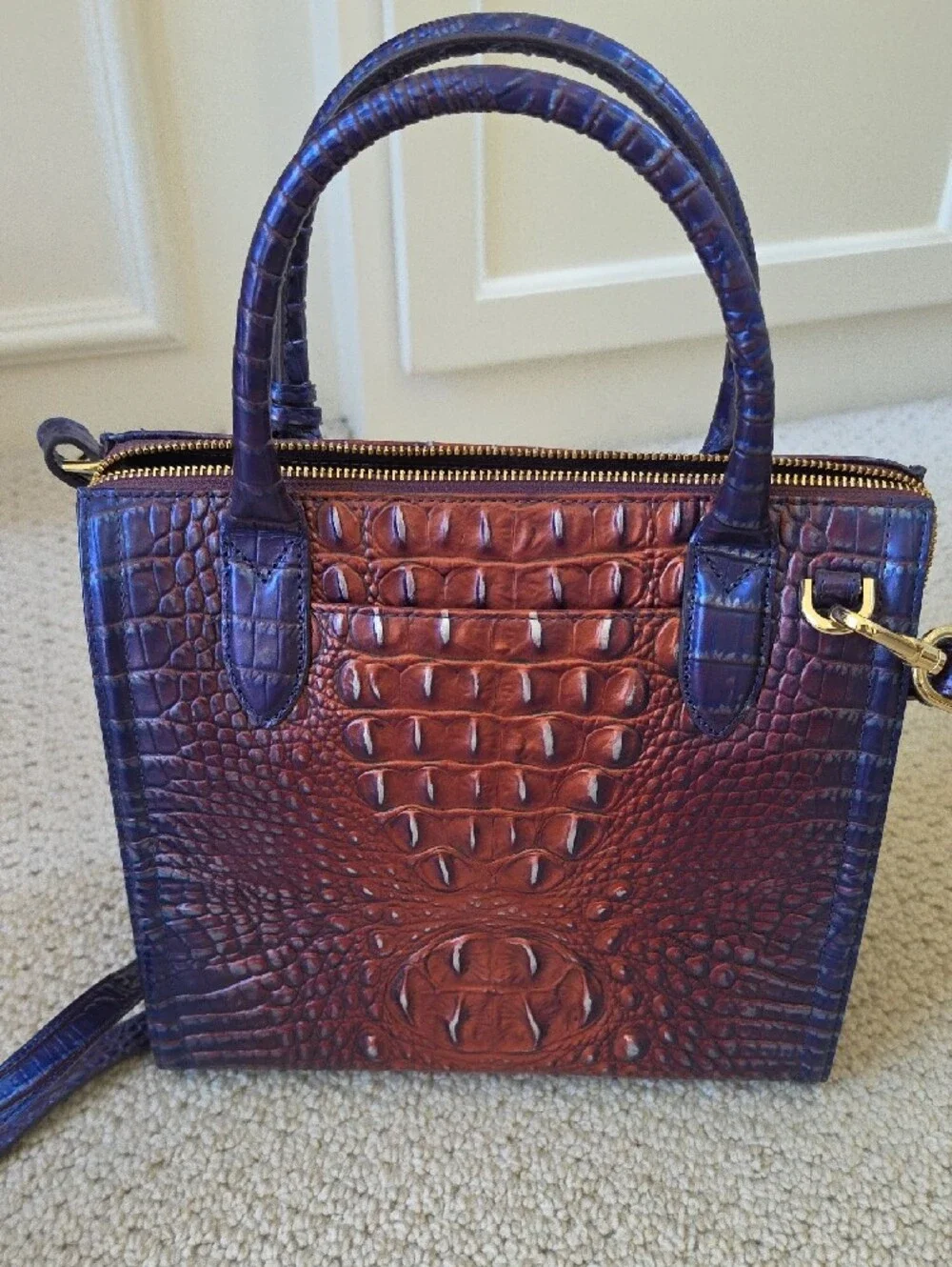 Brahmin Two-Tone Croc-Embossed Satchel in Brown and Purple